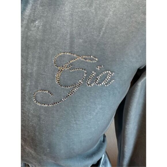 I.AM.GIA Kameron Velour Zip Up Jacket Women Small Blue Bedazzled Ruched - Picture 2 of 16